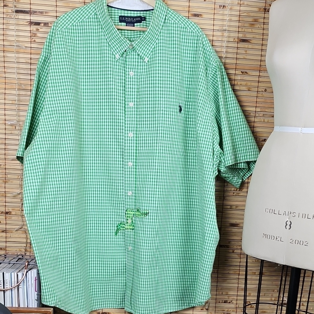 UPCYCLED Polo by Ralph Lauren Men's Green Gingham Shirt CROCOSNAKE